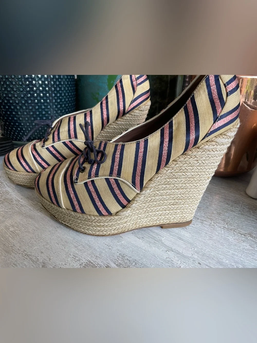 Tabitha Simmons Striped Espadrille Wedge Oxford shoes 38